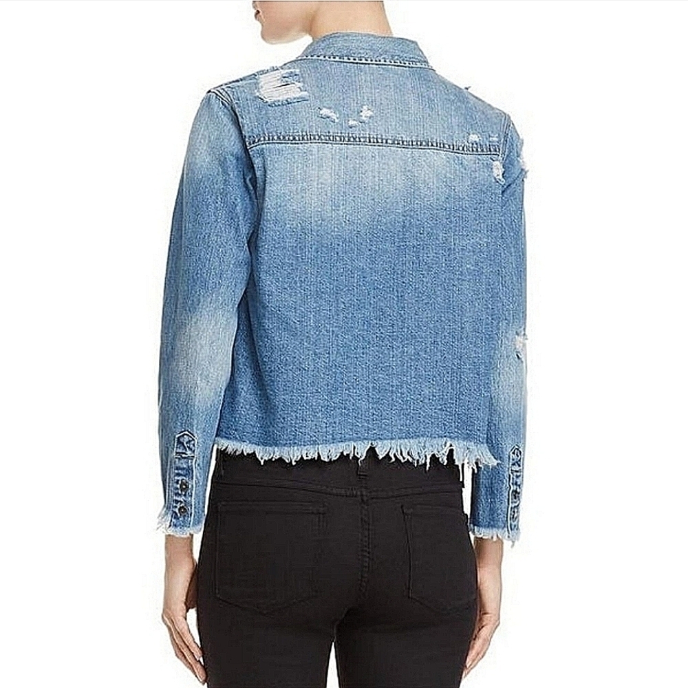 Pistola Distressed Cropped Blue Denim Jacket-Size Large - Picture 2 of 16